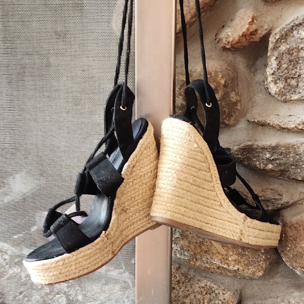 Forever 21 Black Faux Suede Wedge Espadrille Sandals Size 7 - Picture 2 of 16